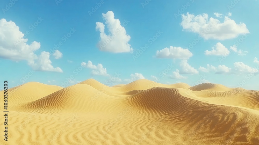 Naklejka premium A vast desert landscape with golden sand dunes stretching into the distance, under a crisp blue sky with scattered clouds.