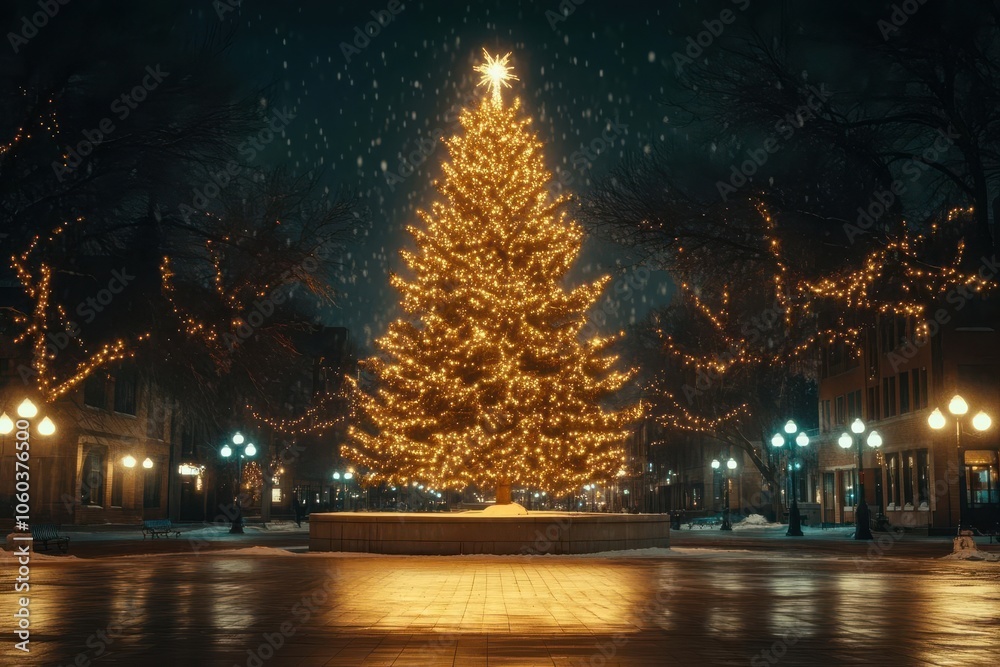 Large Christmas tree in town square, sparkling lights, community holiday spirit Large Christmas tree in town square, sparkling lights, community holiday spirit