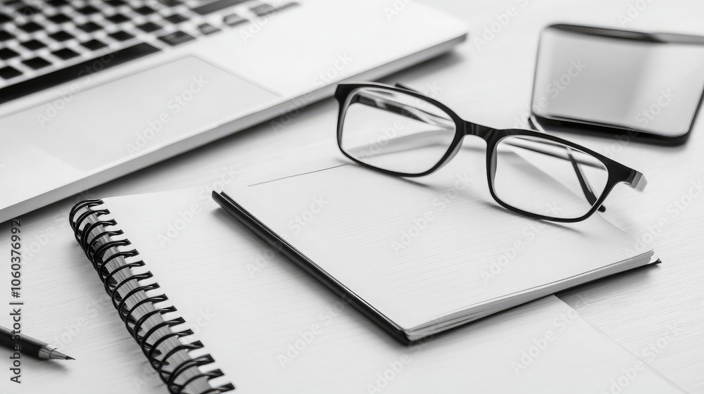 Workspace with Glasses and Notebook on Desk Workspace with Glasses and Notebook on Desk