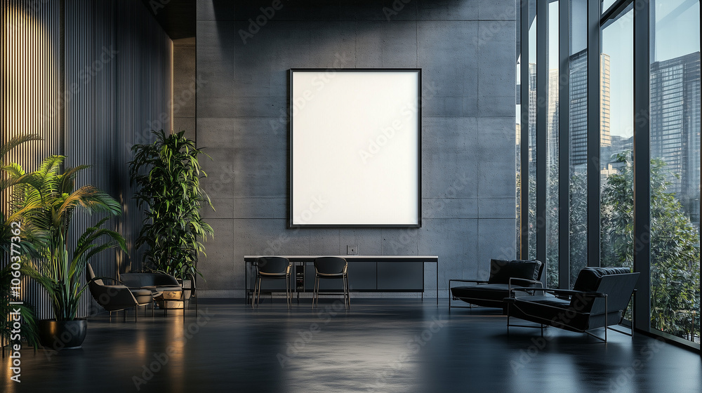 A contemporary living room mockup showcasing a blank poster frame on the wall A contemporary living room mockup showcasing a blank poster frame on the wall