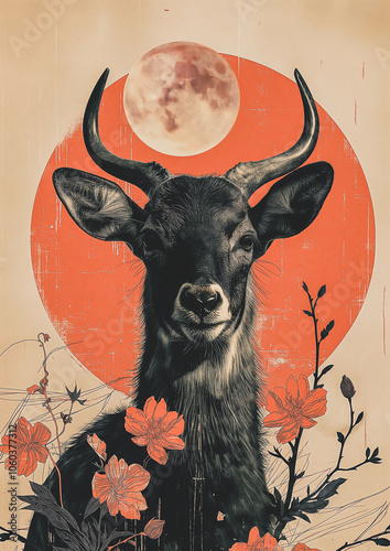 Goat with horns. Animal art.