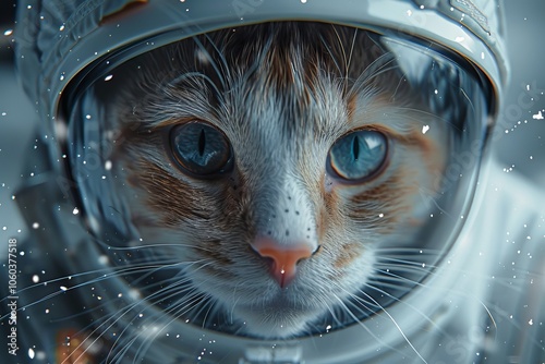 A cat in a spacesuit exploring the cosmos during a simulated space mission with snowy background