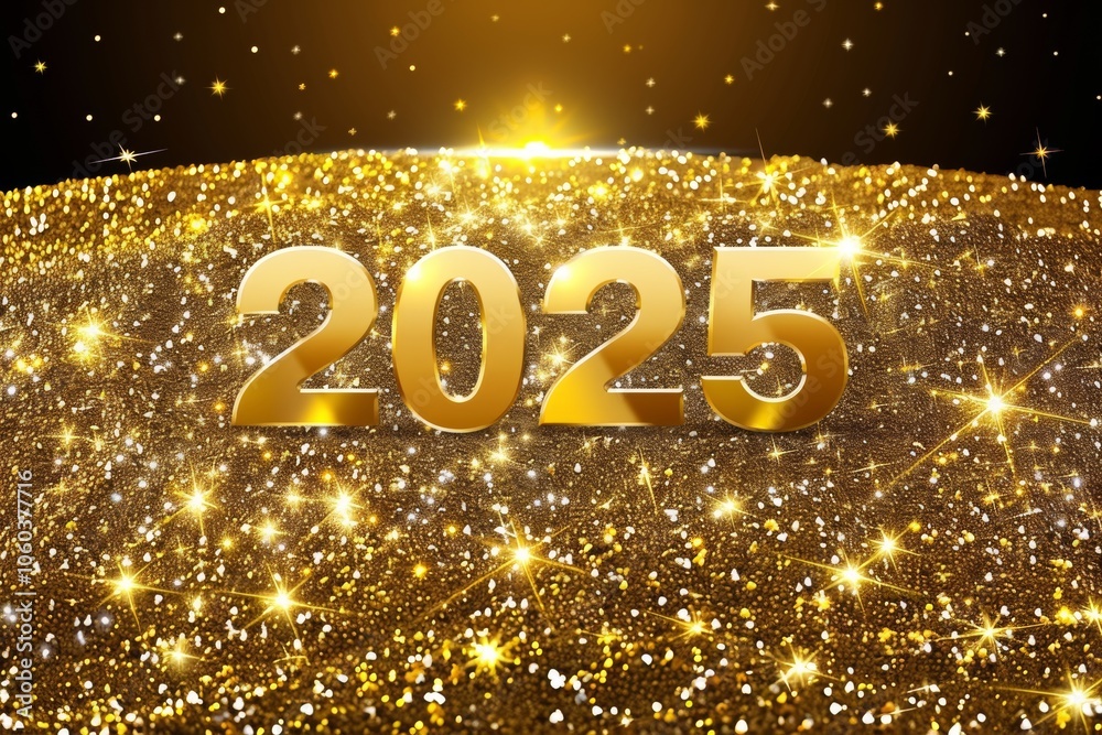 Golden 2025 surrounded by sparkling stars on a shimmering surface, symbolizing hope and new beginnings for the upcoming year Golden 2025 surrounded by sparkling stars on a shimmering surface, symbolizing hope and new beginnings for the upcoming year