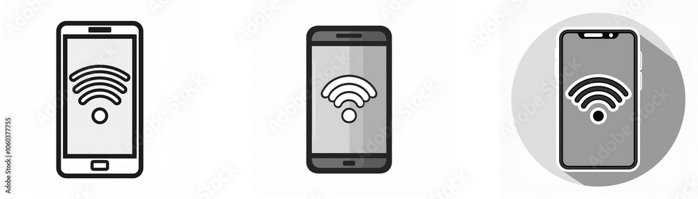 Three grayscale smartphone illustrations, all displaying a wifi signal icon on the screen. Three grayscale smartphone illustrations, all displaying a wifi signal icon on the screen.