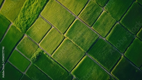 An aerial shot of the vibrant paddy fields of Kasaragod, showcasing their rich green color against a clear blue sky. photo