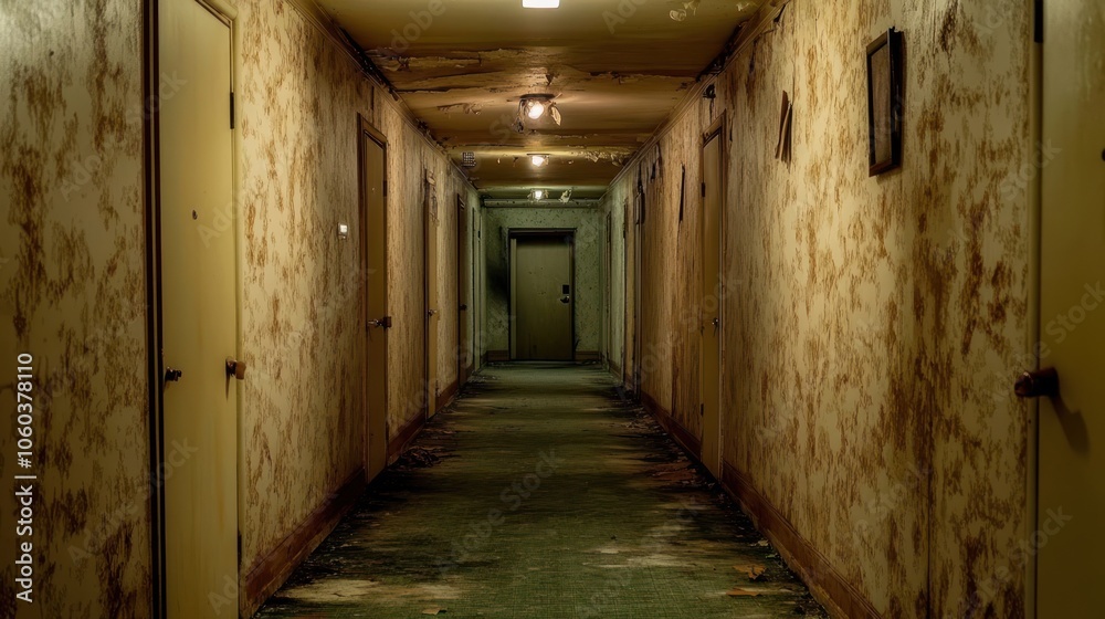A long, narrow hallway with peeling paint and faded wallpaper in an abandoned building. The floor is covered in dirt and debris. A long, narrow hallway with peeling paint and faded wallpaper in an abandoned building. The floor is covered in dirt and debris.