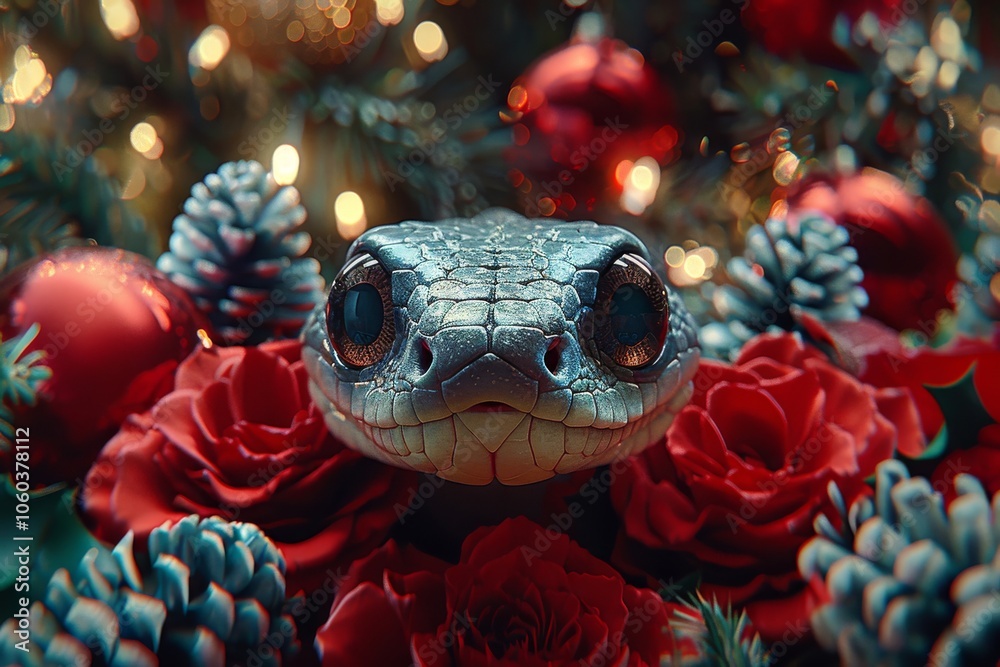 A festive lizard resting among red roses, pinecones, and Christmas ornaments in a cozy holiday setting A festive lizard resting among red roses, pinecones, and Christmas ornaments in a cozy holiday setting