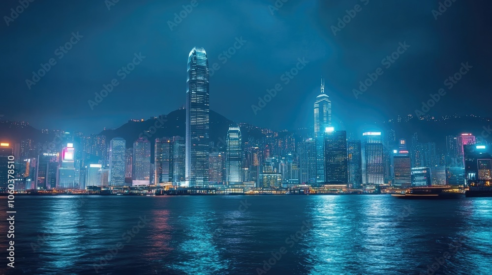 Fototapeta premium An elegant city skyline at dusk, illuminated by lights that inspire ambition and dreams.