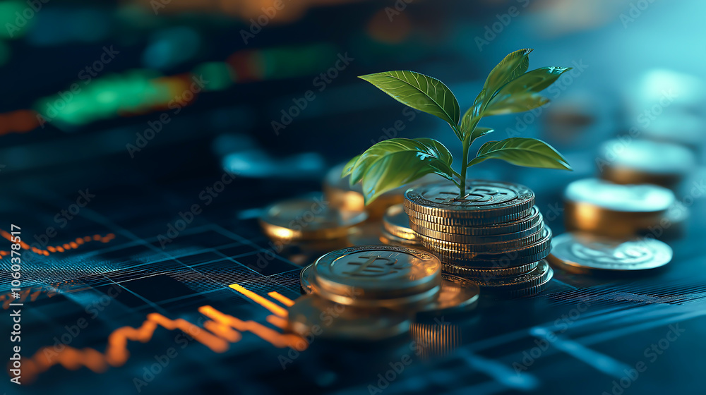 A small green plant growing atop a stack of coins with currency or stock market chart on background, Growth and financial investment concept A small green plant growing atop a stack of coins with currency or stock market chart on background, Growth and financial investment concept