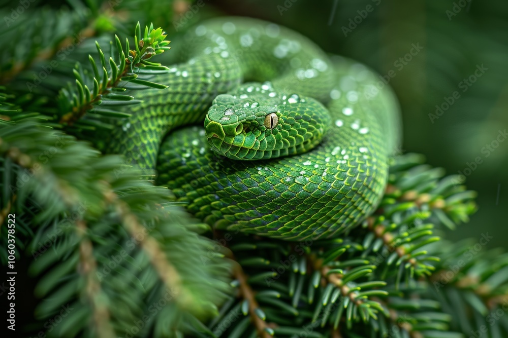 A green tree python resting on vibrant fern leaves in a lush rainforest during a gentle rain shower A green tree python resting on vibrant fern leaves in a lush rainforest during a gentle rain shower