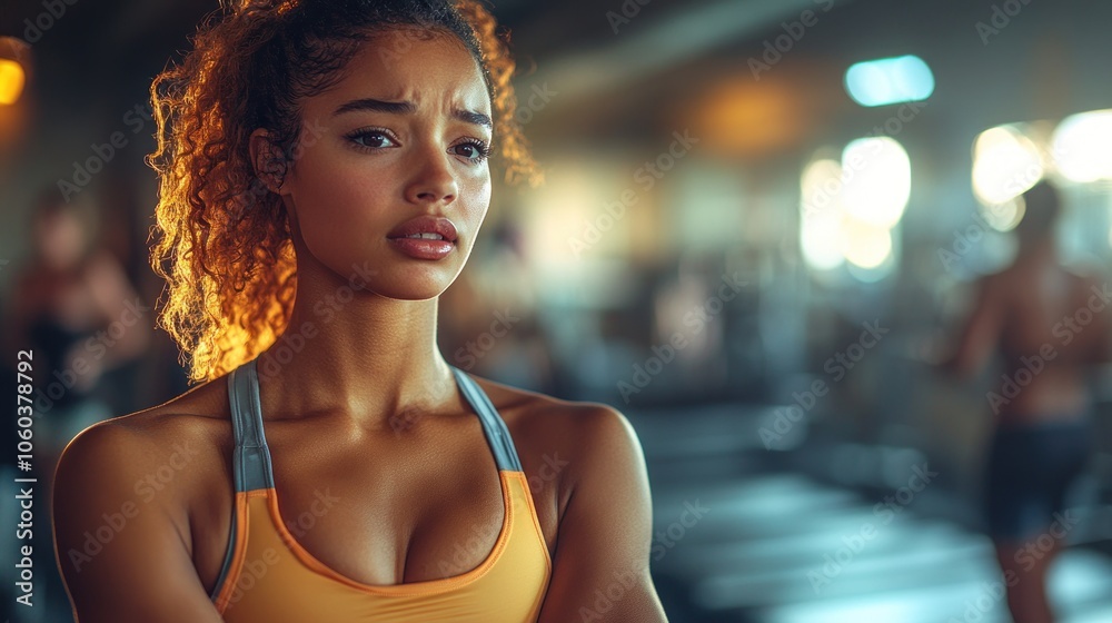 A focused woman in a gym setting, showcasing determination and fitness. A focused woman in a gym setting, showcasing determination and fitness.