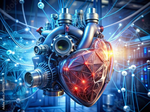 A mechanical heart model merges with health data analytics, showcasing innovative medical technology and its transformative impact on patient care and healthcare innovation.