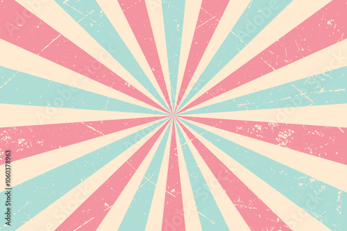Vintage background and spiral retro rays vector pattern. Retro poster of pink, white and blue sun burst radial lines with grunge texture, circus, carnival.