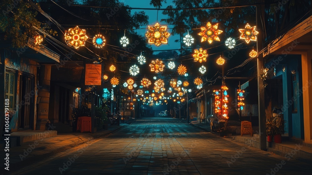 Fototapeta premium An enchanting view of illuminated Dussehra decorations strung across streets, creating a festive atmosphere at night.