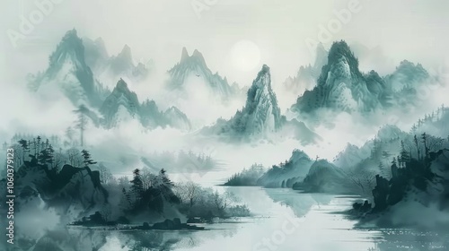 traditional chinese ink and wash landscape, minimalistic. photo