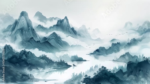 Wallpaper Mural traditional chinese ink and wash landscape, minimalistic. Torontodigital.ca
