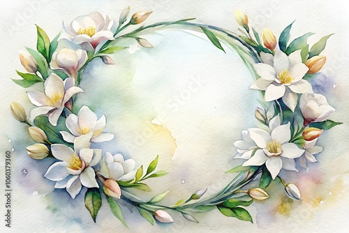 Tender, light, thin wreath made of fresias and jasmine, watercolor. Perfect white background