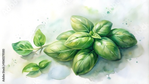 Top view flat lay background with a couple of fresh basil leaves; white background, big copy space on the side