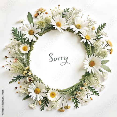 Tender, light, very thin wreath made of daisies and thin leaves, with ideal big white circle copyspace inside and lettering sorry. Perfect white background