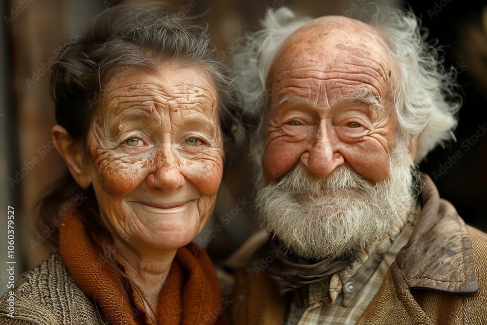 Elderly couple smiling warmly together in a rustic setting surrounded by nature during golden hour light Elderly couple smiling warmly together in a rustic setting surrounded by nature during golden hour light
