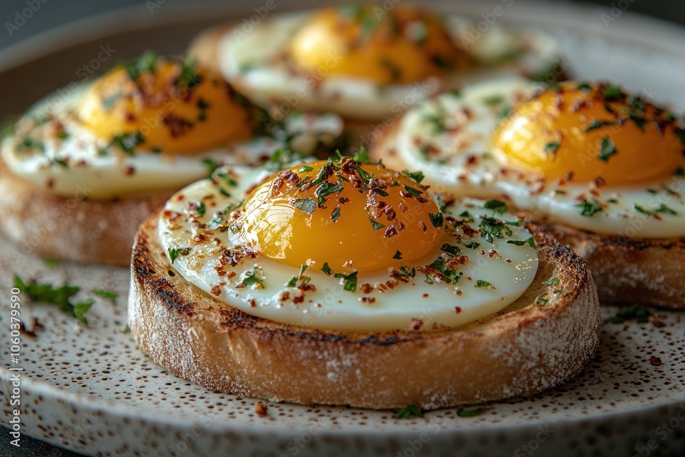 A plate of toasted bread topped with fried eggs and herbs. A plate of toasted bread topped with fried eggs and herbs.