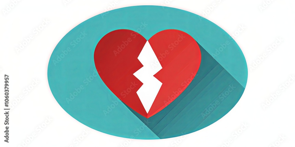 The Heart's Lament A Broken Red Shape Against a Teal Circle with a Long Shadow The Heart's Lament A Broken Red Shape Against a Teal Circle with a Long Shadow
