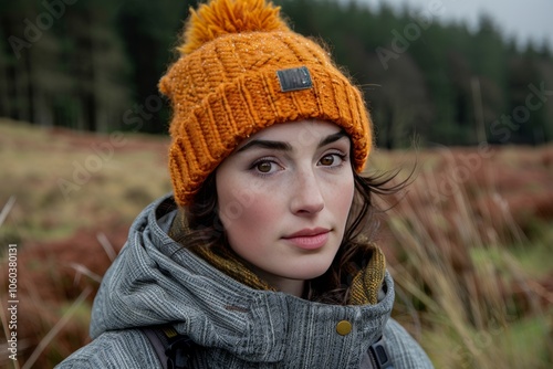 A young woman wearing a cozy orange beanie amidst a serene natural landscape in the fall season, enjoying the outdoors