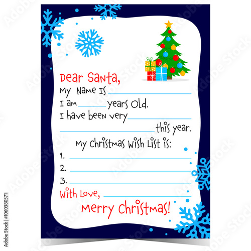 Christmas wish list or letter to Santa with empty lines to complete by children. Vector illustration of winter holidays postcard with snowflakes, Christmas tree and decorations.