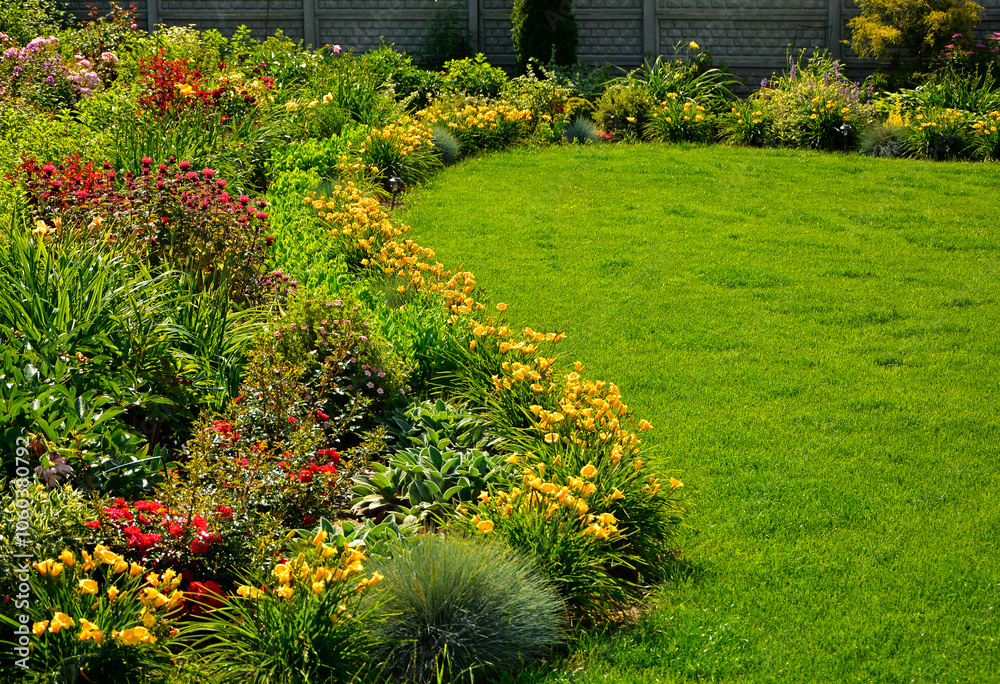 kolorowa rabata kwiatowa otoczona niskimi liliowcami odmiany Stella d'Oro, kwietnik otoczony obwódką z żółtych liliowców, Hemerocallis, Stella D'Oro Daylily Garden, ogród kwiatowy, flowers garden