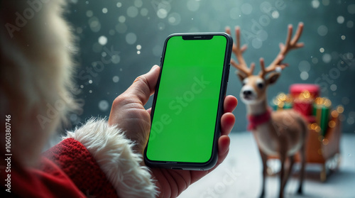 Close-up of a smartphone with a green screen held by a hand against a festive, blurred Christmas background. Ideal for holiday greetings, online shopping, or social media sharing during celebrations
