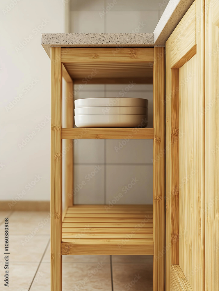 A part of a kitchen interior design with shelves made of light birch in a cabinet for storing dishes and assorted utensils. A part of a kitchen interior design with shelves made of light birch in a cabinet for storing dishes and assorted utensils.