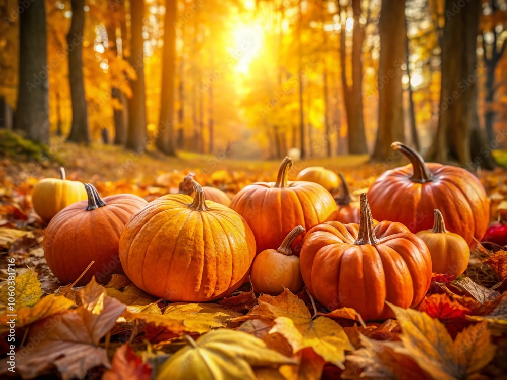 A serene autumn landscape showcases vibrant pumpkins among colorful leaves, bathed in soft sunlight, capturing the essence of fall, harvest season, and nature's beauty. A serene autumn landscape showcases vibrant pumpkins among colorful leaves, bathed in soft sunlight, capturing the essence of fall, harvest season, and nature's beauty.