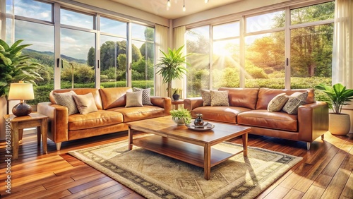 A serene living room featuring beige leather sofas, a wooden coffee table, large windows allowing natural light, modern interior design, and chic decor for a calming ambiance.