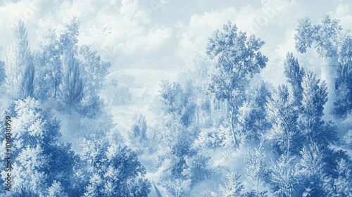 Elegant blue and white toile pattern featuring intricate pastoral scenes and delicate brushwork for a classic French country aesthetic.