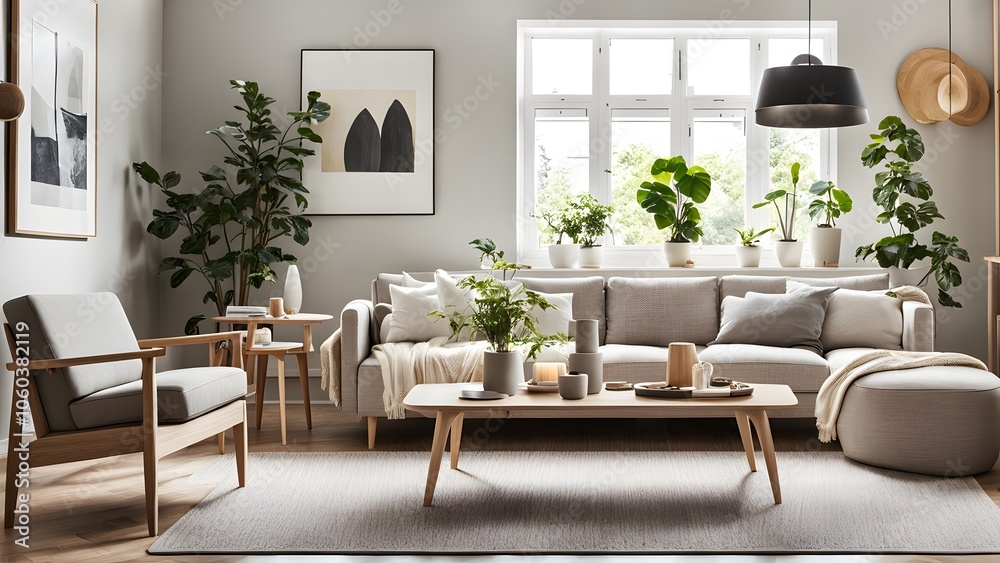 Fototapeta premium Bright and Airy Living Room with Stylish Neutral Palette, Plush Seating, and Abundant Greenery for a Fresh Look (14)