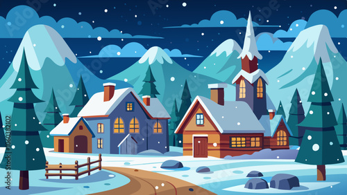 Snow Falling on a Quiet Village Scene. Snow Falling on a Quiet Village at Night with Cozy Houses and Mountains