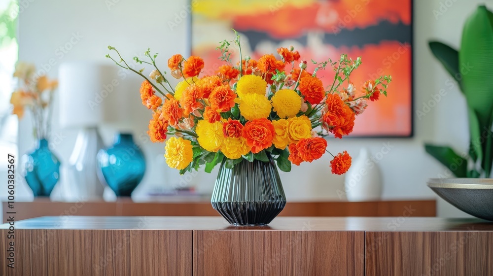 Fresh blooms in bright orange and yellow atop a wooden sideboard, framed by geometric decor and vibrant glass, creating a modern space. Fresh blooms in bright orange and yellow atop a wooden sideboard, framed by geometric decor and vibrant glass, creating a modern space.