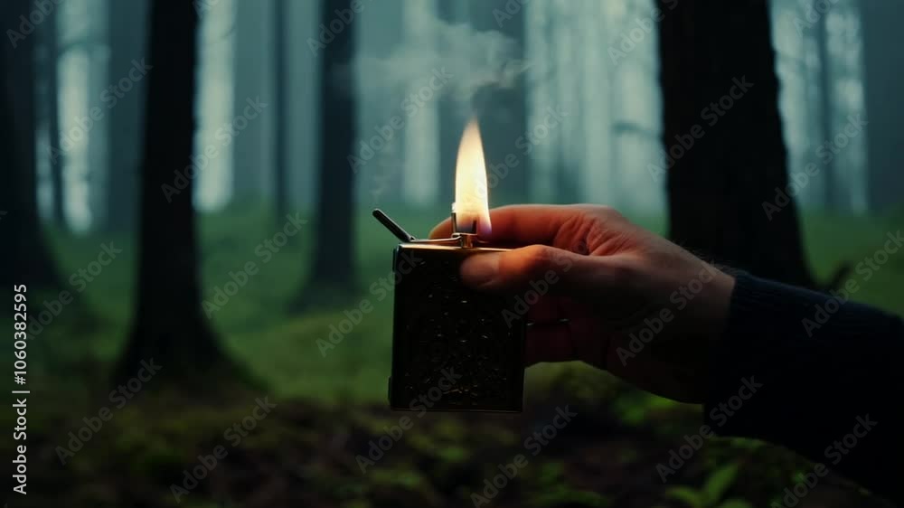 Holding Lighter Dark Hand Vintage Lit Forest bokeh glow mysterious destruction burned atmospheric solitude blurred background night wood eerie moody fire illumination flames