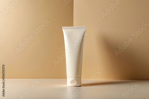 A sleek white cream tube lies against a soft beige background, captured in panoramic photography, emphasizing simplicity and elegance for inspiring generative AI art.