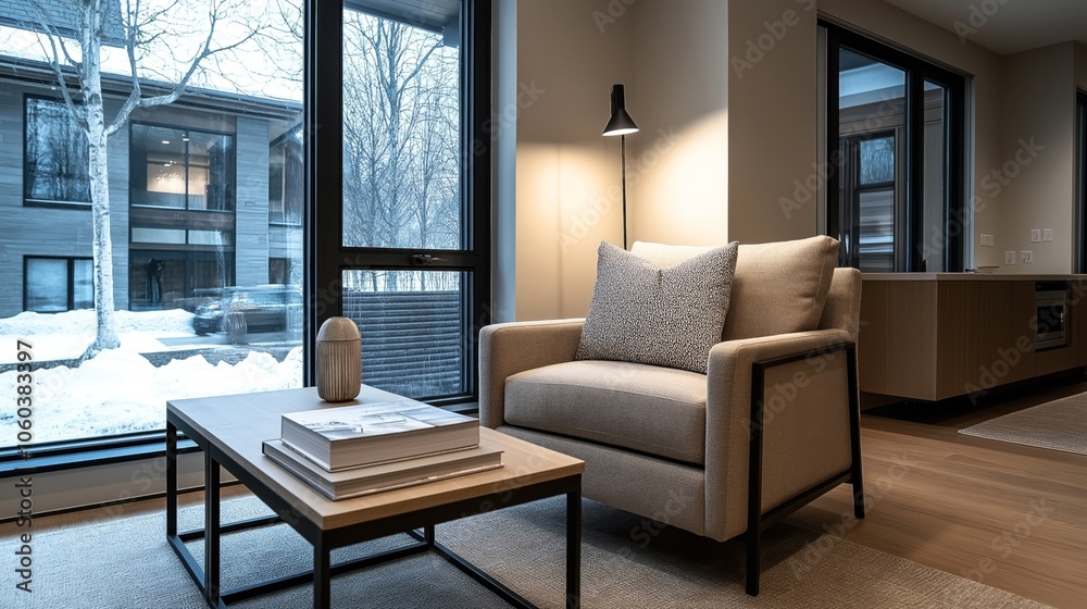 Modern living room interior with a beige armchair, decorative pillows, and wooden coffee table near large windows overlooking a snowy outdoor scene and contemporary architecture Modern living room interior with a beige armchair, decorative pillows, and wooden coffee table near large windows overlooking a snowy outdoor scene and contemporary architecture