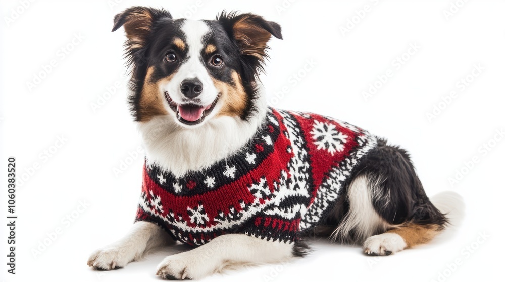 Fototapeta premium Dog in a cozy holiday sweater with snowflake design isolated on white background