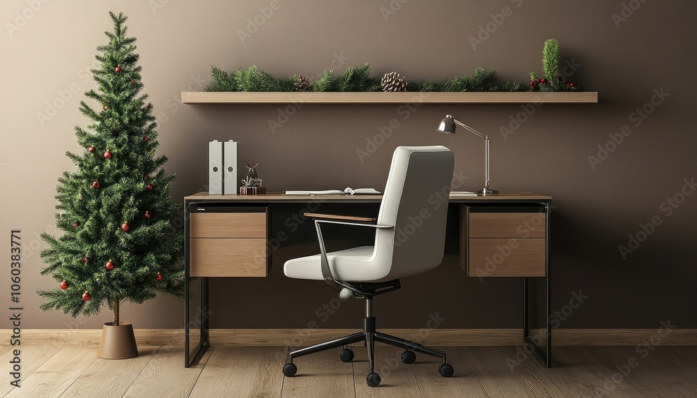 Stylish Christmas-themed home office with a sleek desk and ergonomic chair, highlighted by subtle holiday decorations and a small evergreen tree. Stylish Christmas-themed home office with a sleek desk and ergonomic chair, highlighted by subtle holiday decorations and a small evergreen tree.