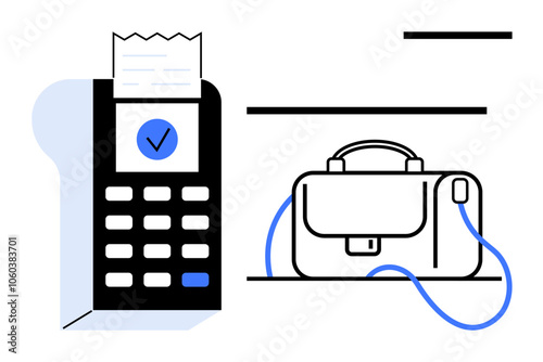 Portable card reader printing receipt beside a leather briefcase with blue strap. Ideal for business meetings, office use, travel, financial transactions, professional settings, retail, and mobile