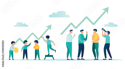 Search for business ideas. brainstorming, searching for creative solutions to problems, children think about solving problems, after a while these children are shown grown up, vector illustration