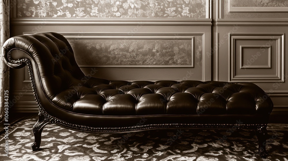 Obraz premium a luxury black leather sofa with deep buttoned tufting,