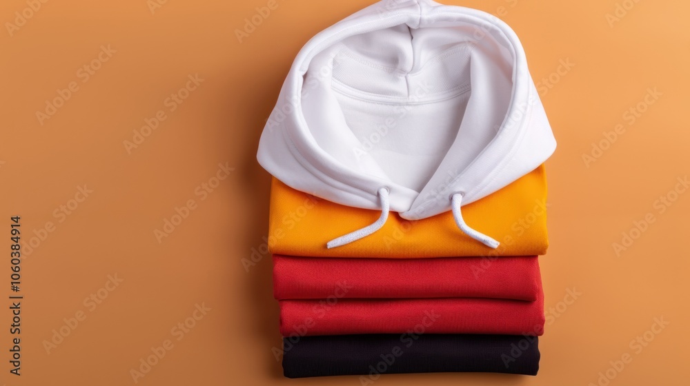 A stack of colorful hoodies arranged neatly against a warm orange background, showcasing vibrant fabrics and casual style.
