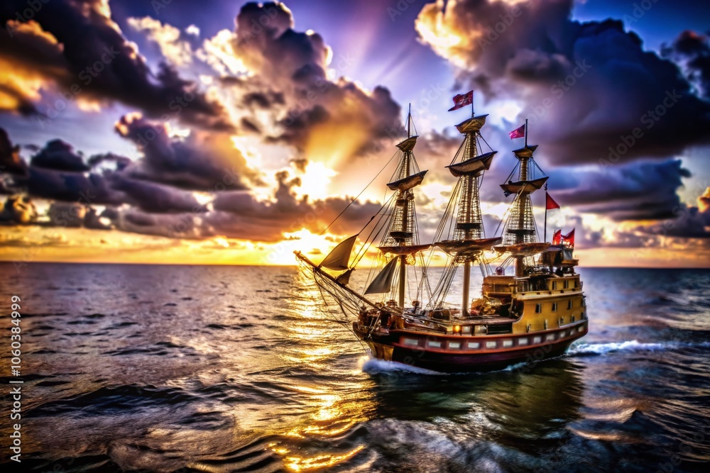 Obraz premium A stunning pirate ship sails into the sunset, captured in tilt-shift photography that highlights its nautical splendor and vibrant colors against a breathtaking sky.