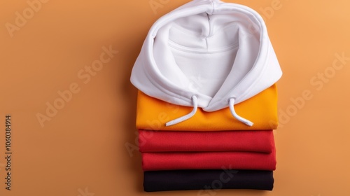 Obraz na płótnie A stack of colorful hoodies arranged neatly against a warm orange background, showcasing vibrant fabrics and casual style. w salonie