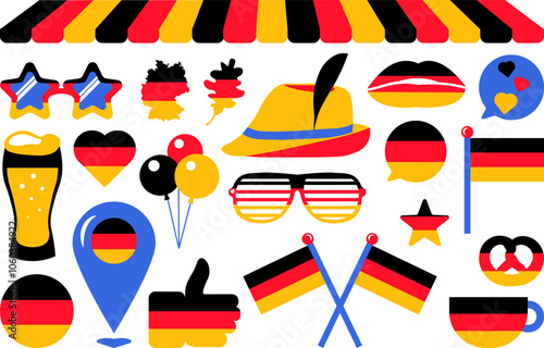 A vibrant set of vector illustrations of a in colors of German flag in a cartoon style. Collection of clip art: kissing lips, flags, emblems, decorations, location pin, thumb up, accessories. Germany'