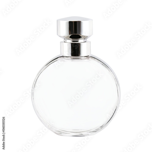 Round glass perfume bottle with faceted silver cap on a transparent background
